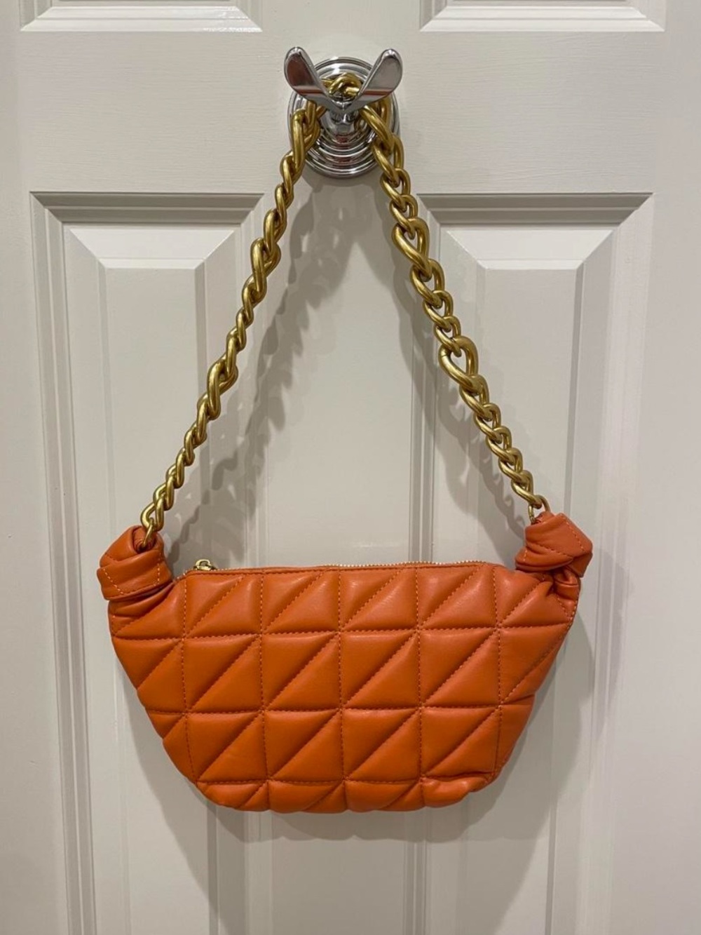 Quilted Orange Shoulder Bag with Gold Chain